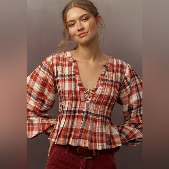 Pilcro Pleated Swing Blouse Balloon Sleeve Plaid Metallic Anthropologie Size XS - Picture 9 of 10